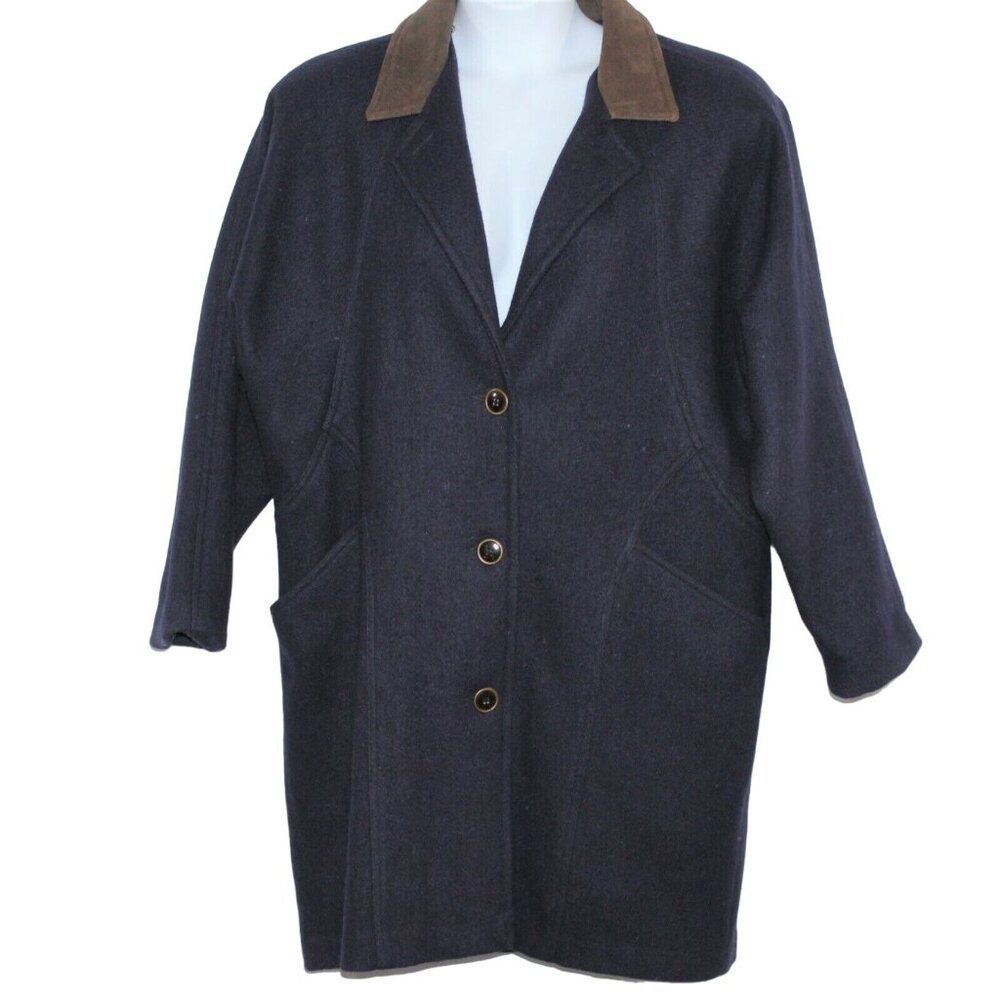 Vintage 80s JOFELD Medium Leather Trim Collar Navy Blue Wool Blend Coat USA